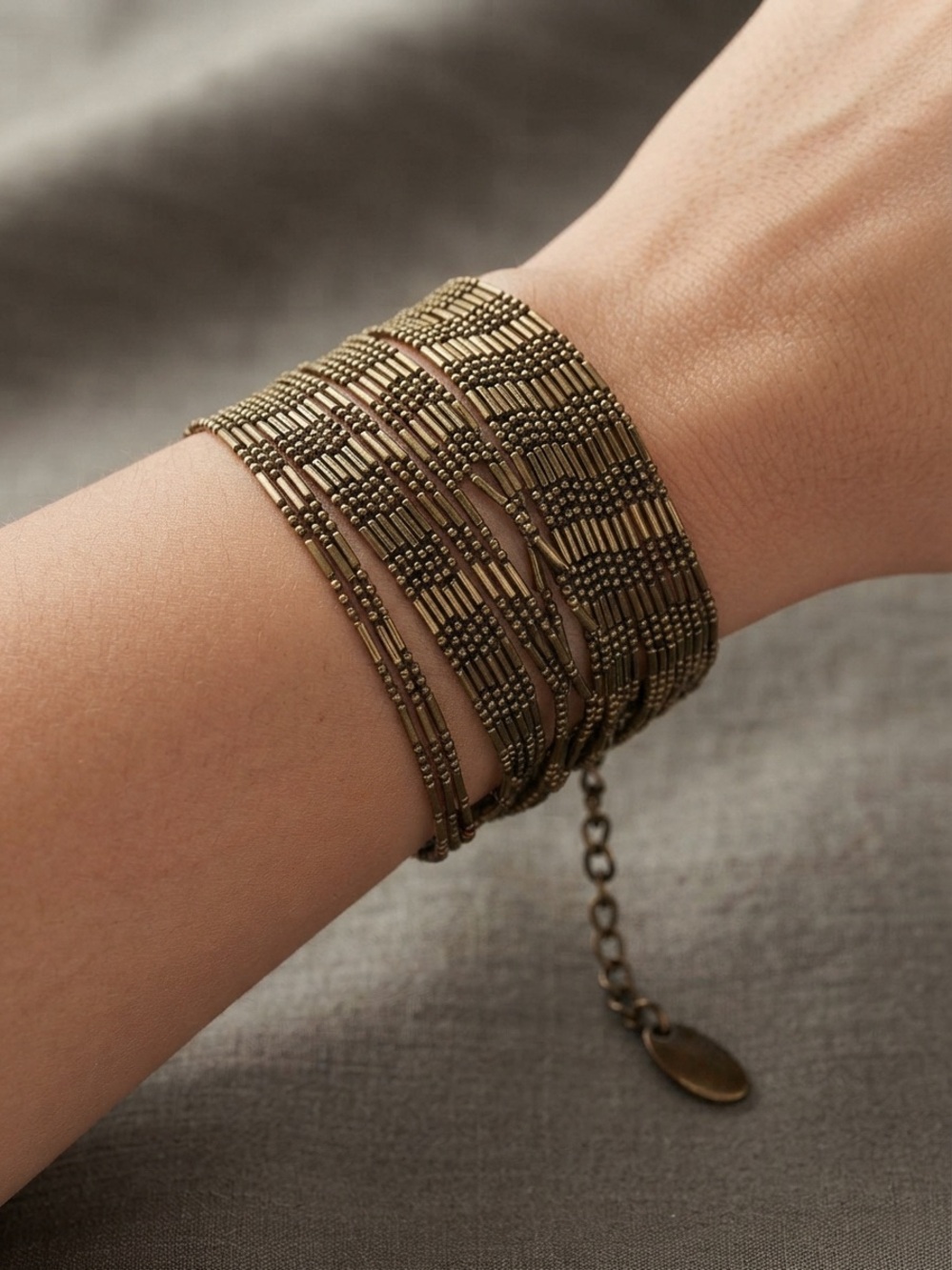 Plunder Antique Brass Multi-Strand Beaded Cuff Bracelet - Brass Tone